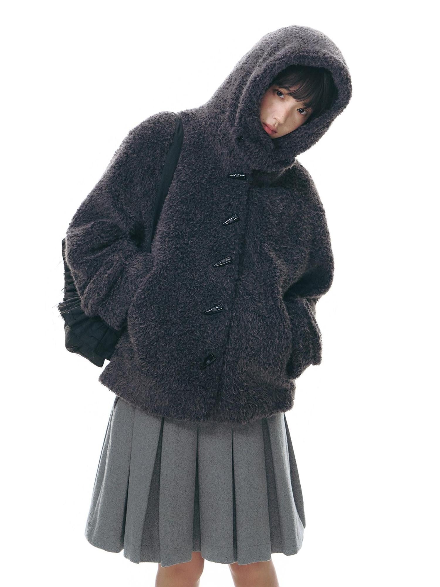 NAPSNAPS Lamb Fleece Hooded Toggle Detachable Oversized Women&