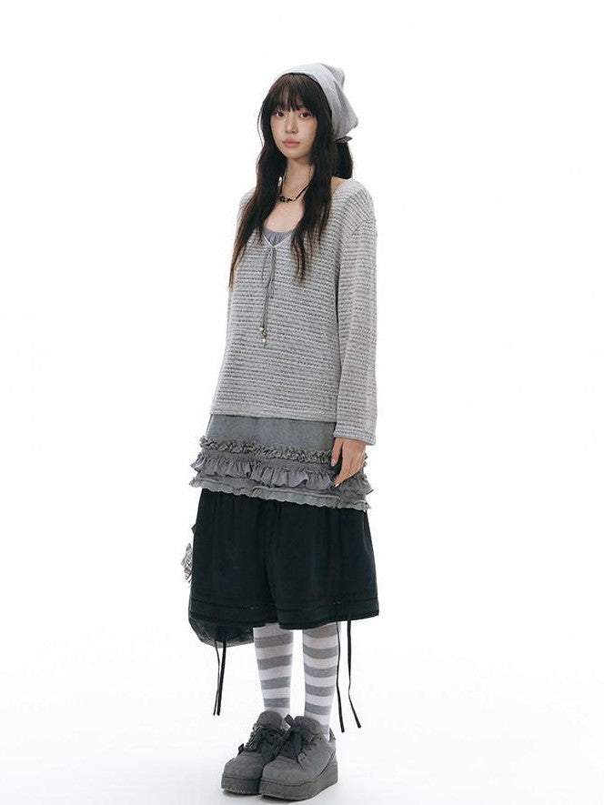 NAPSNAPS Light Gray Openwork V-neck Knit Women&