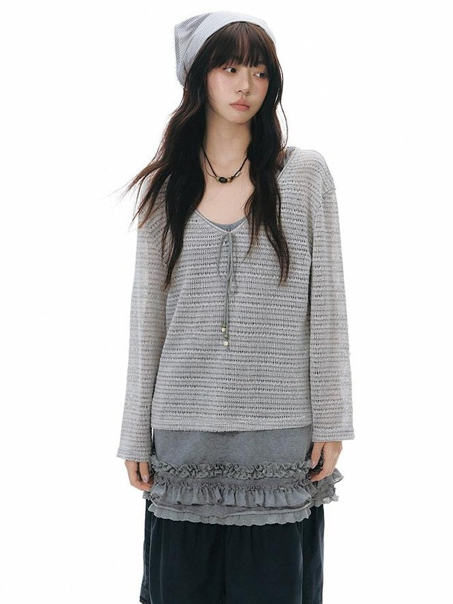 NAPSNAPS Light Gray Openwork V-neck Knit Women&