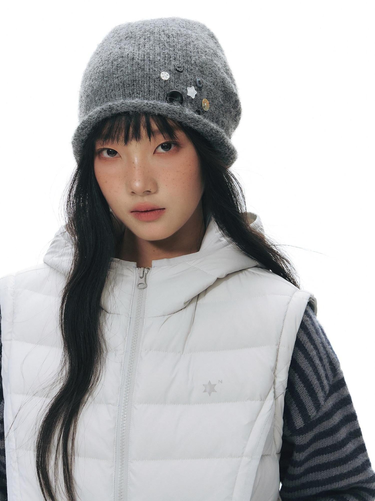 NAPSNAPS Light Gray Rolled Brim Handmade Button High Top Women&