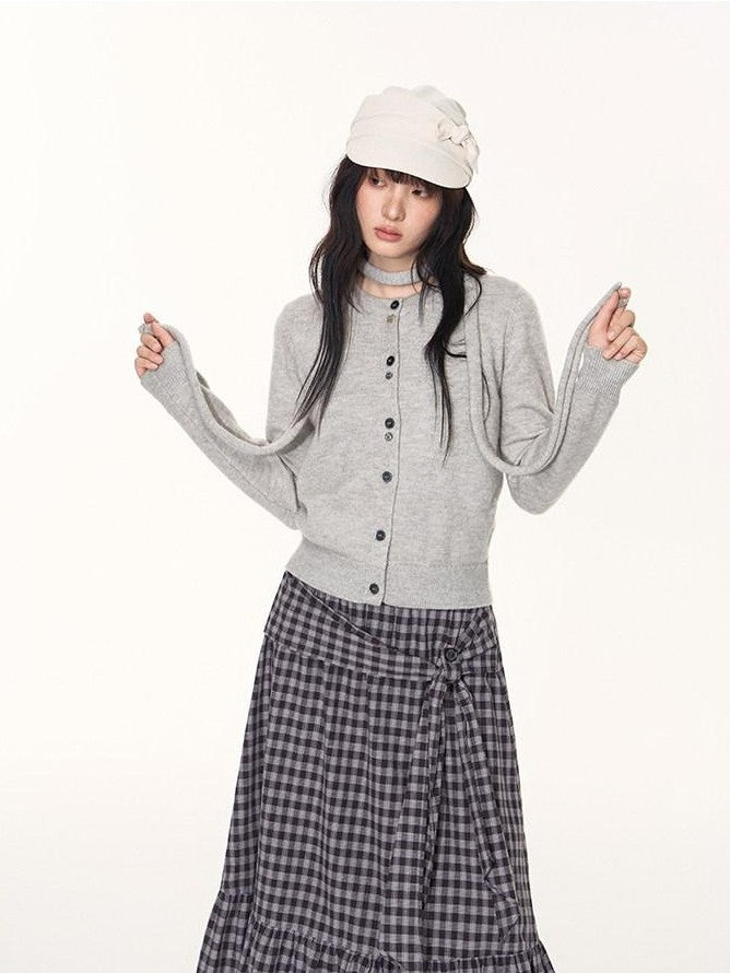 NAPSNAPS Light Grey Button Tie Knit Crewneck Women&