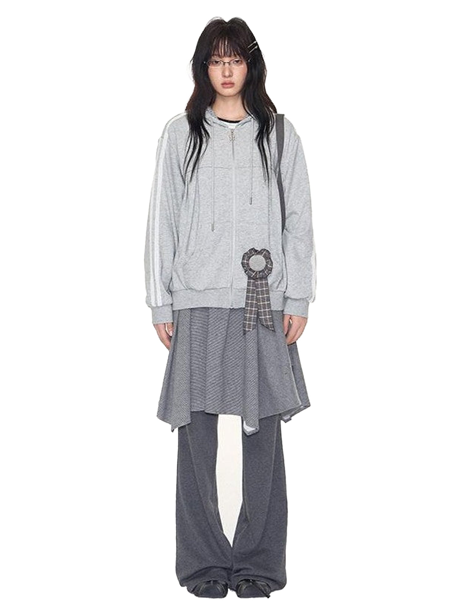 NAPSNAPS Light Heather Gray Lace Ribbon Bow Patchwork Women&