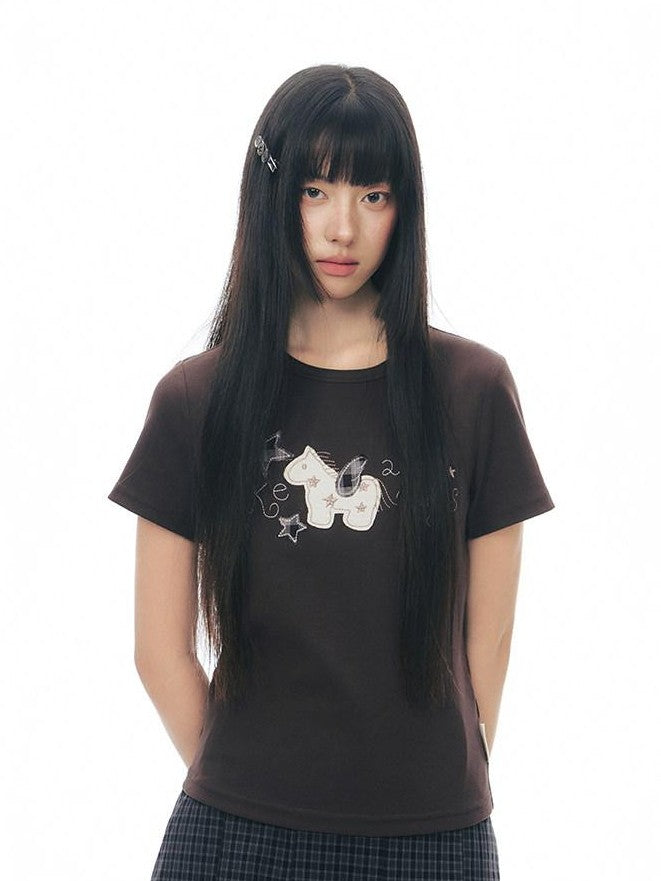 NAPSNAPS Little Horse Applique Embroidery Slim Fit Women&