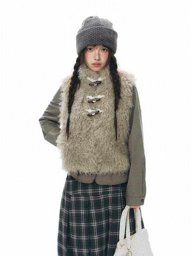 NAPSNAPS Long Pile Faux Fur Horn Toggle Stand Collar Short Women&