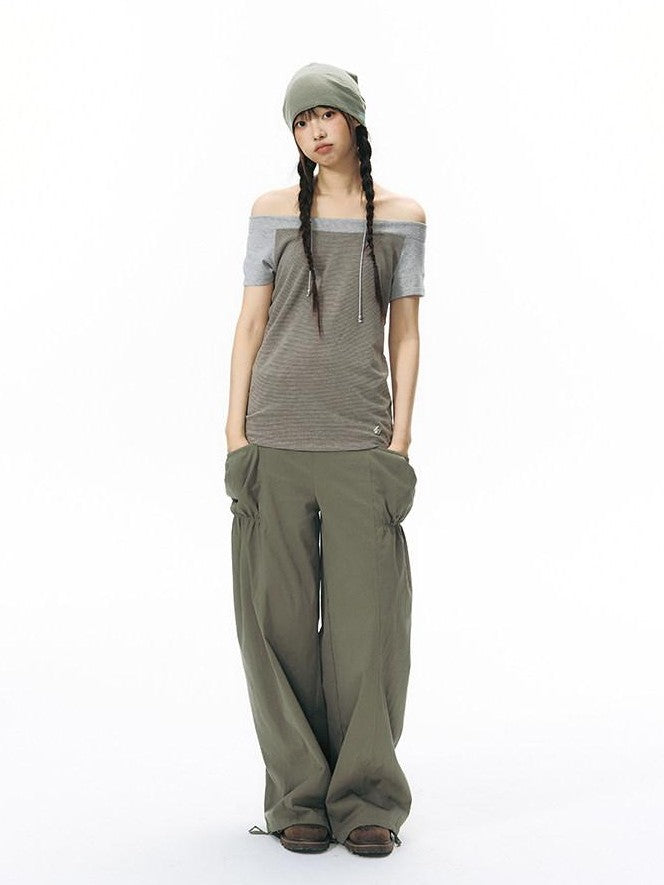 NAPSNAPS Low Rise Patchwork Breathable Pockets Wide Leg Women&