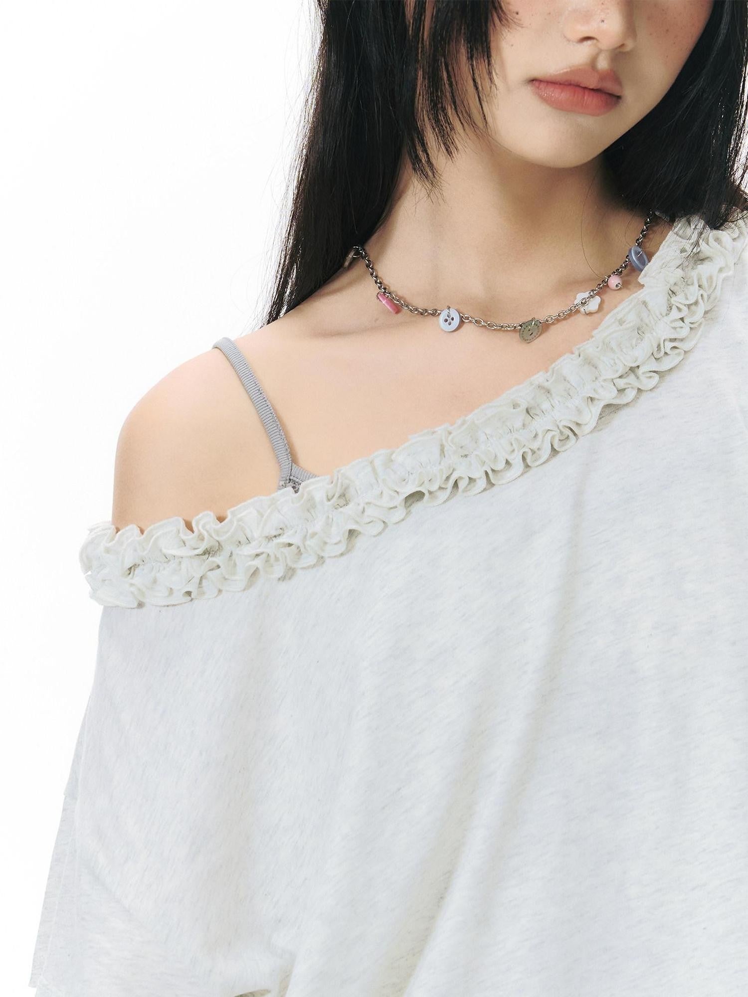 NAPSNAPS Mottled Cream Printed Ruffle Edge Asymmetric Women&