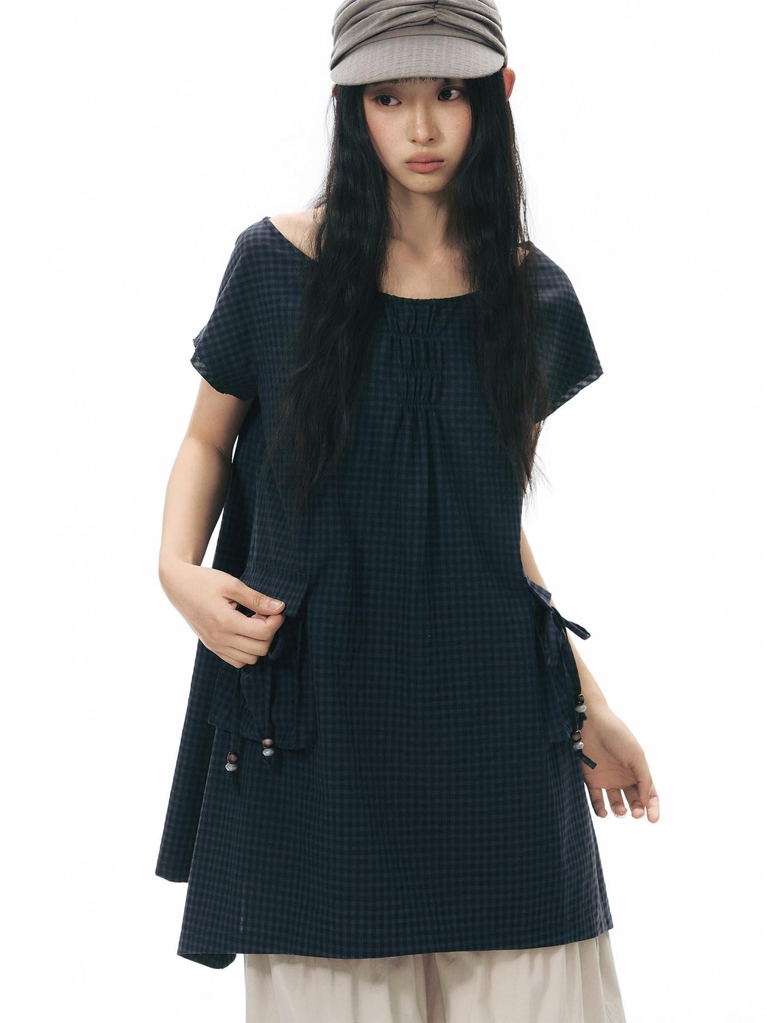 NAPSNAPS Navy Check Vintage Large Pocket Pleated Women&