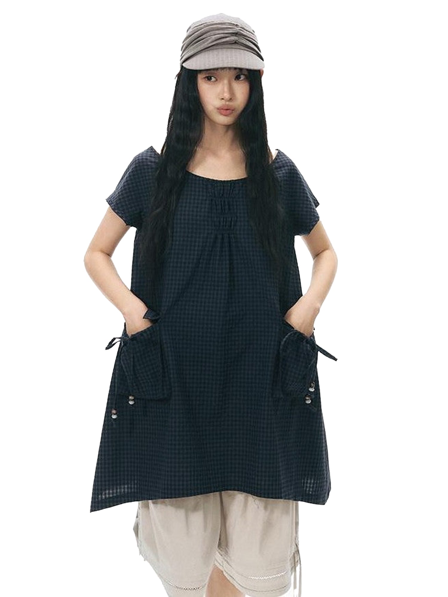 NAPSNAPS Navy Check Vintage Large Pocket Pleated Women&