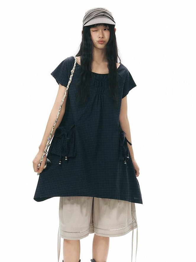 NAPSNAPS Navy Check Vintage Large Pocket Pleated Women&