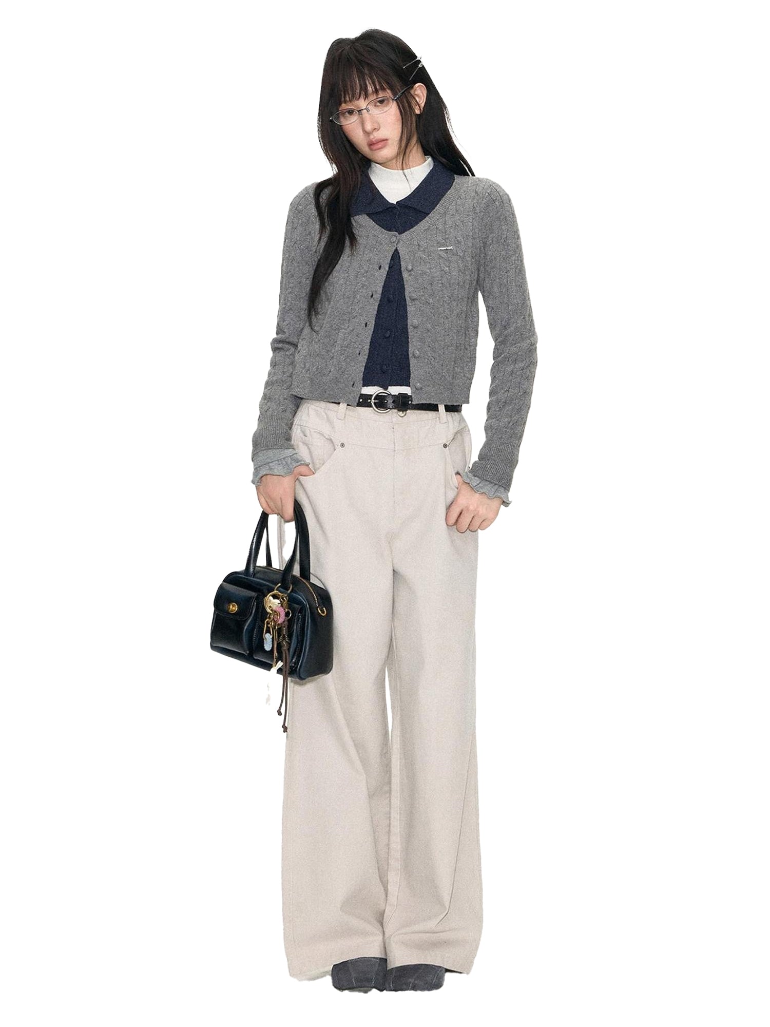 NAPSNAPS Navy Contrast Mock Two Piece Polo Collar Twist Cable Women&