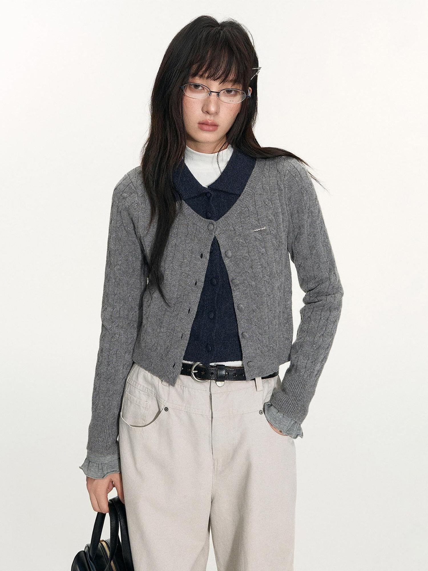 NAPSNAPS Navy Contrast Mock Two Piece Polo Collar Twist Cable Women&