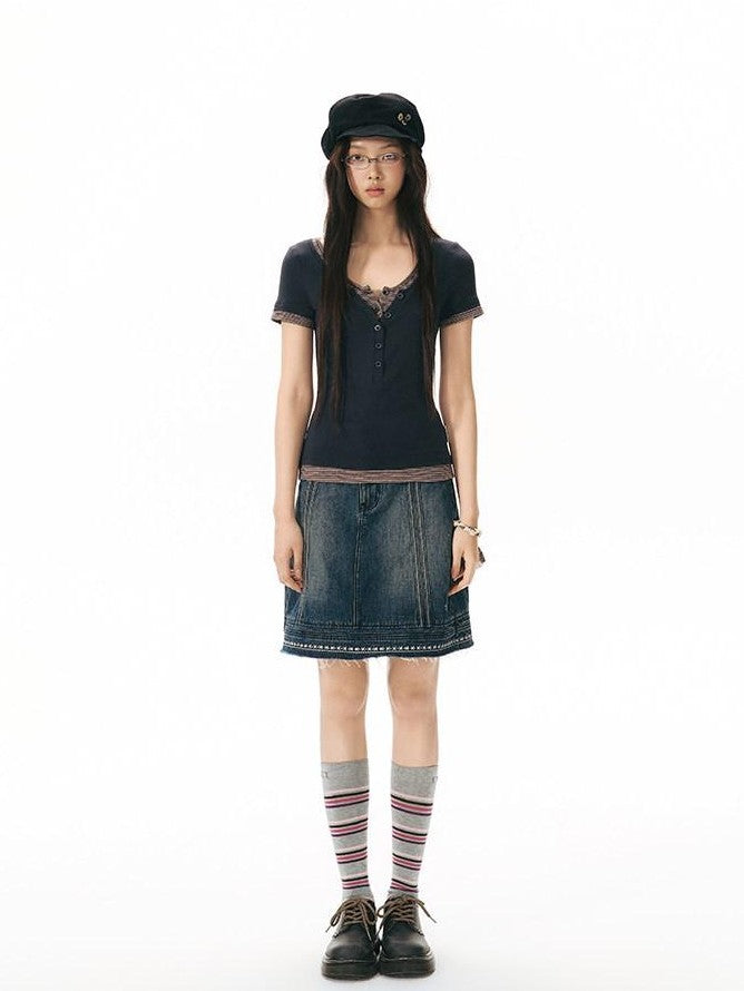 NAPSNAPS Navy Gray Striped Spliced Faux Two Piece Women&