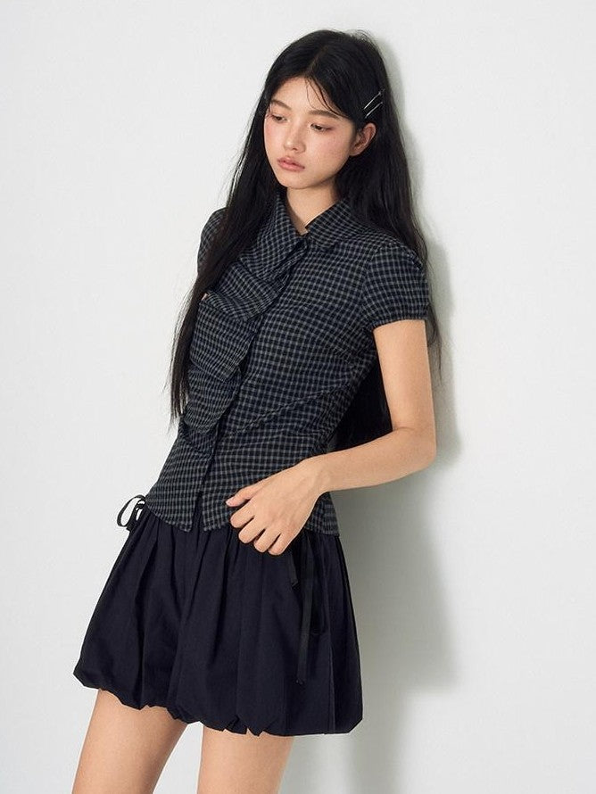 NAPSNAPS Navy Plaid Asymmetric Placket Pleated Women&