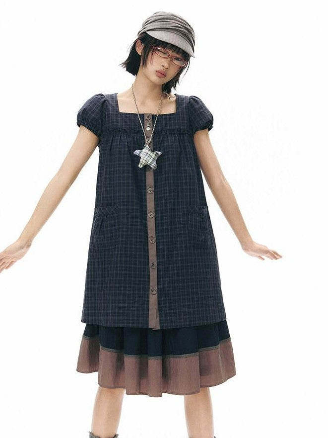 NAPSNAPS Navy Plaid Button Puff Sleeve Women&