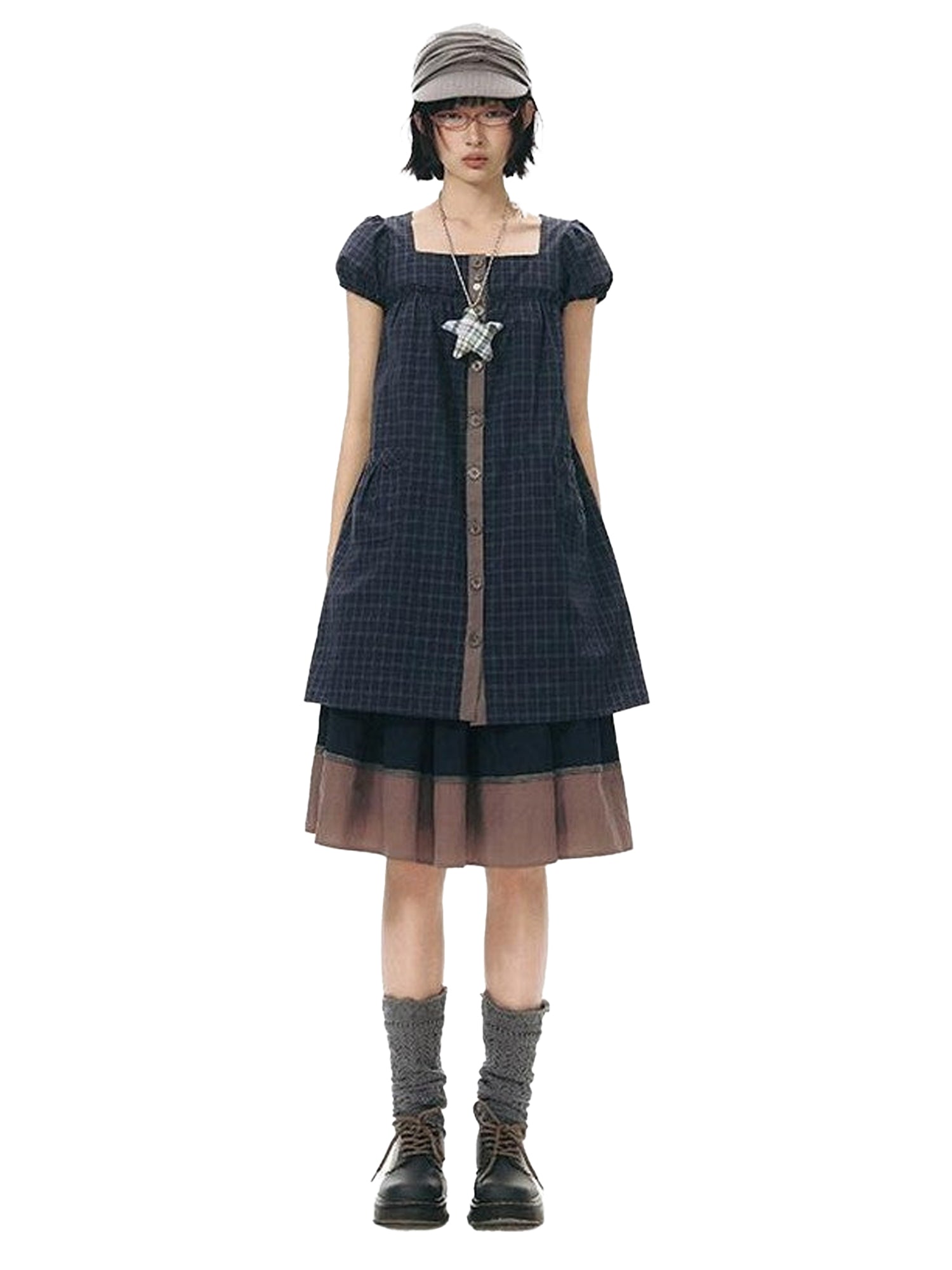 NAPSNAPS Navy Plaid Button Puff Sleeve Women&