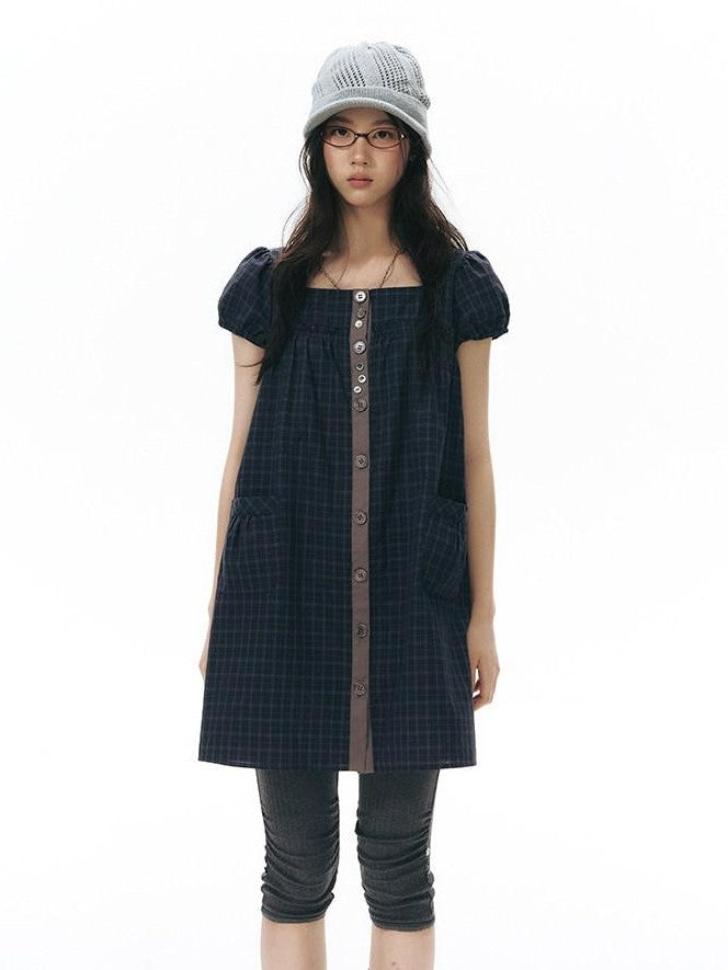 NAPSNAPS Navy Plaid Button Puff Sleeve Women&