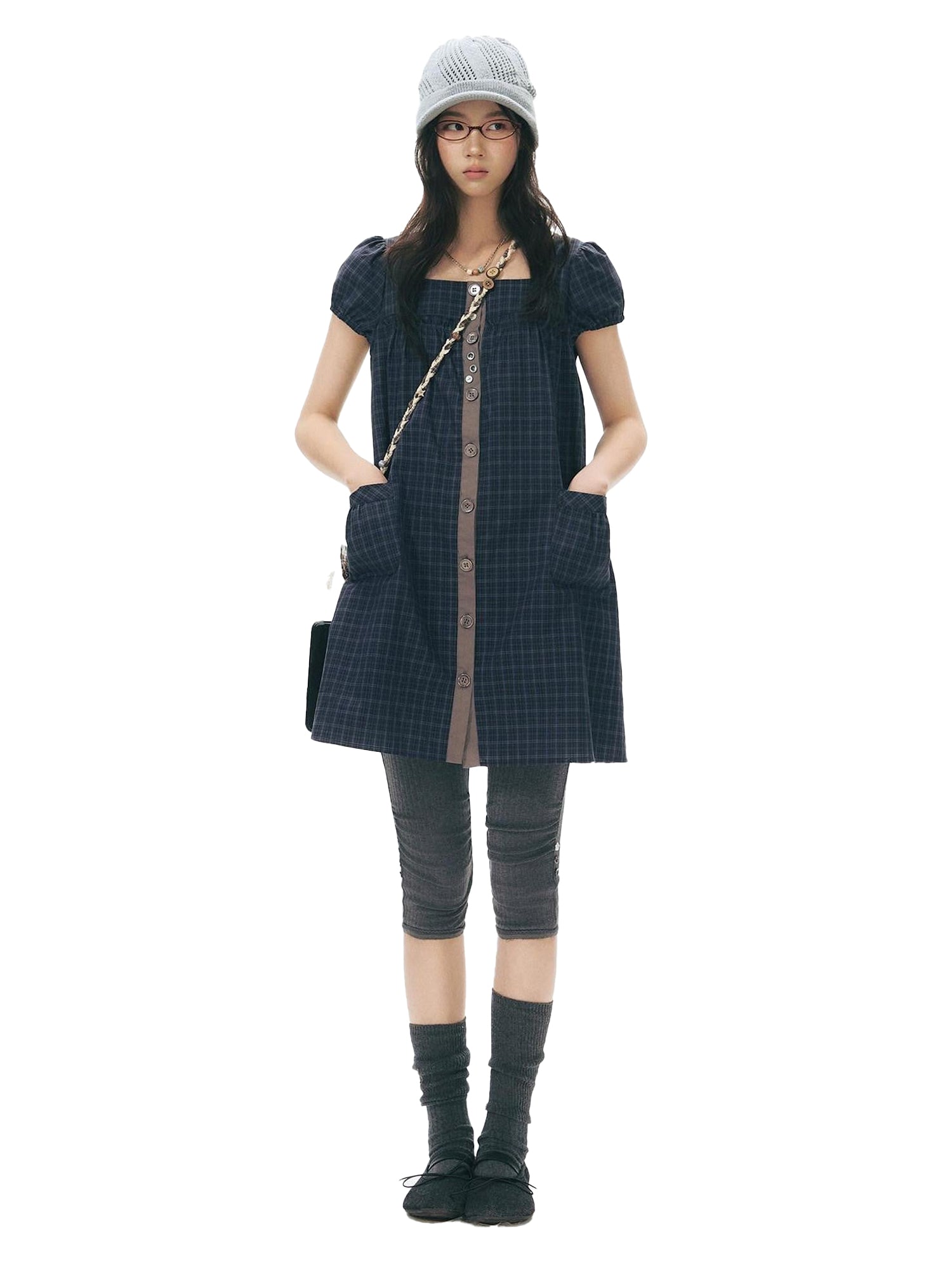 NAPSNAPS Navy Plaid Button Puff Sleeve Women&