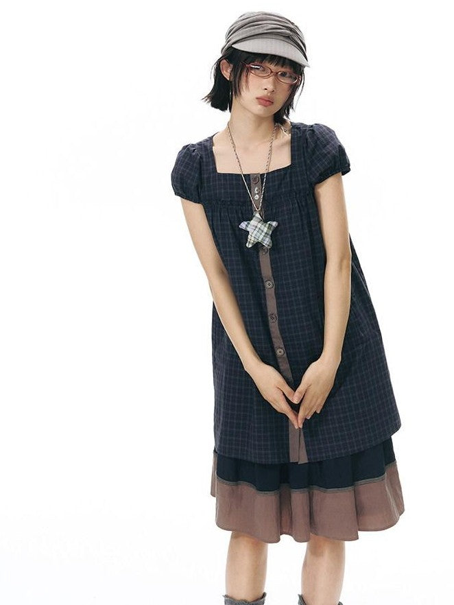 NAPSNAPS Navy Plaid Button Puff Sleeve Women&