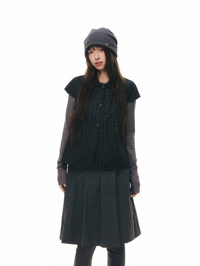 NAPSNAPS Navy Plaid Doll Collar Flutter Sleeves Button Women&