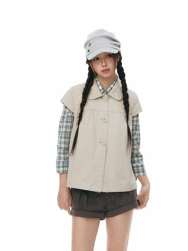 NAPSNAPS Navy Plaid Doll Collar Flutter Sleeves Button Women&
