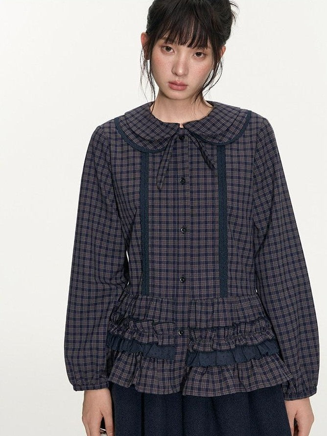 NAPSNAPS Navy Plaid Lace Trim Detachable Layered Doll Collar Women&