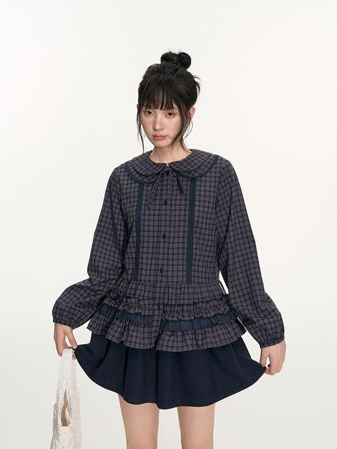 NAPSNAPS Navy Plaid Lace Trim Detachable Layered Doll Collar Women&