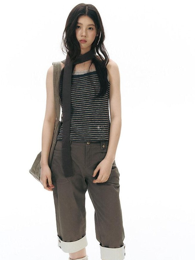 NAPSNAPS Navy Stripe Square Neck Embroidered Slim Women&