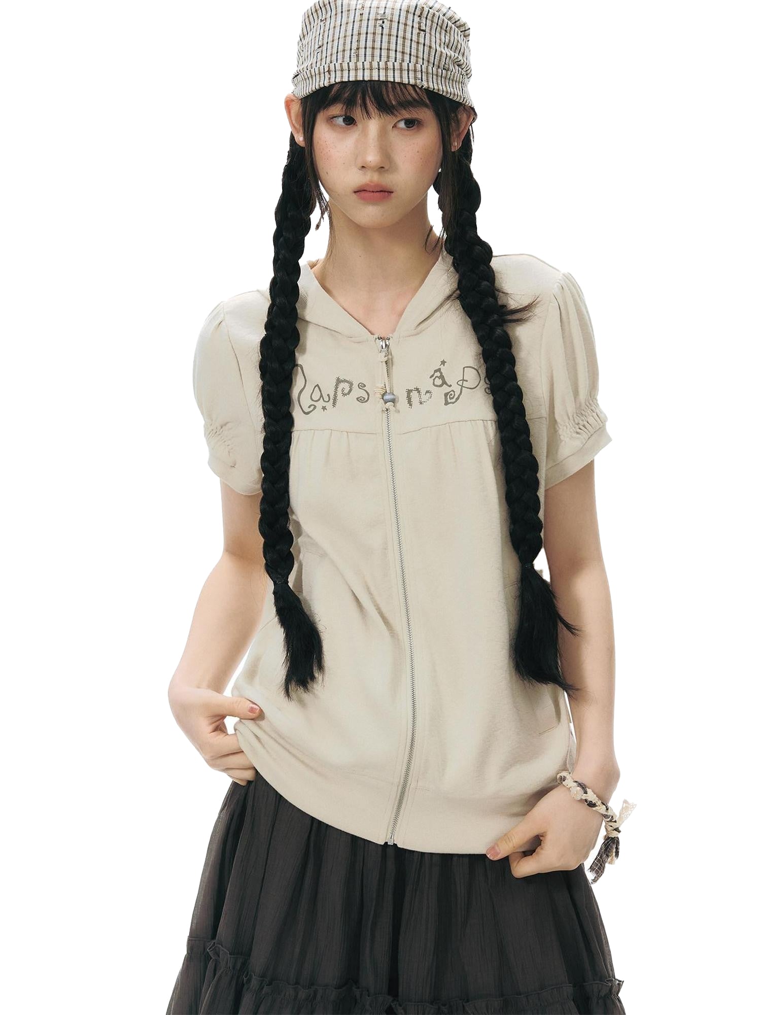 NAPSNAPS Oatmeal Hooded Printed Zip Puff Sleeve Loose Women&