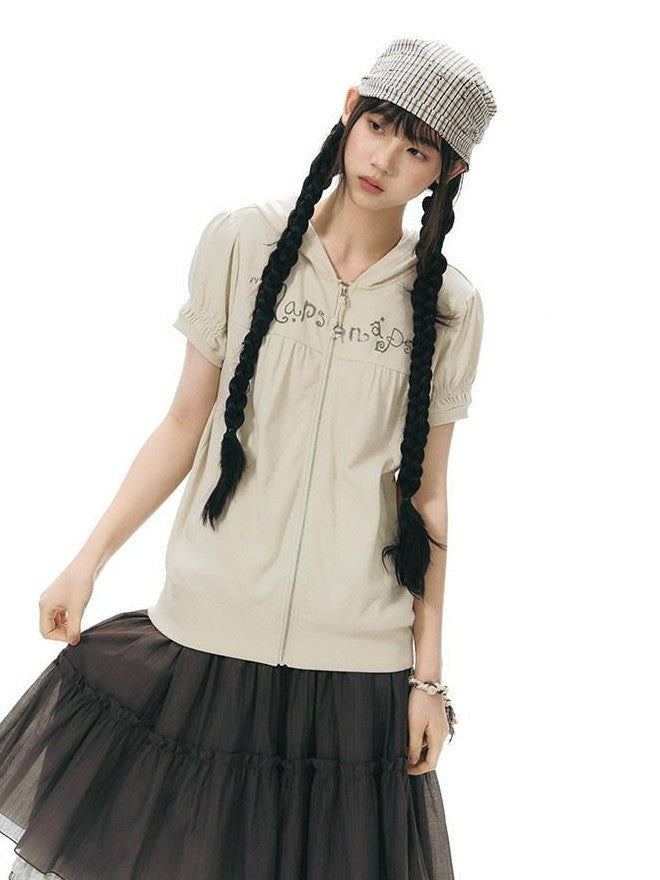 NAPSNAPS Oatmeal Hooded Printed Zip Puff Sleeve Loose Women&