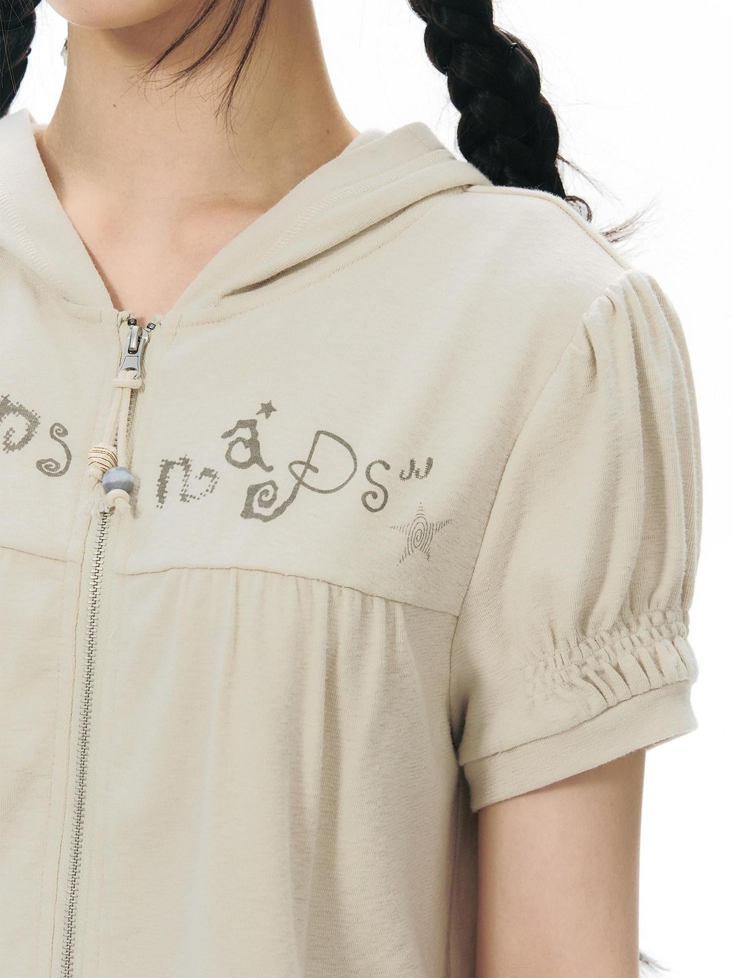 NAPSNAPS Oatmeal Hooded Printed Zip Puff Sleeve Loose Women&