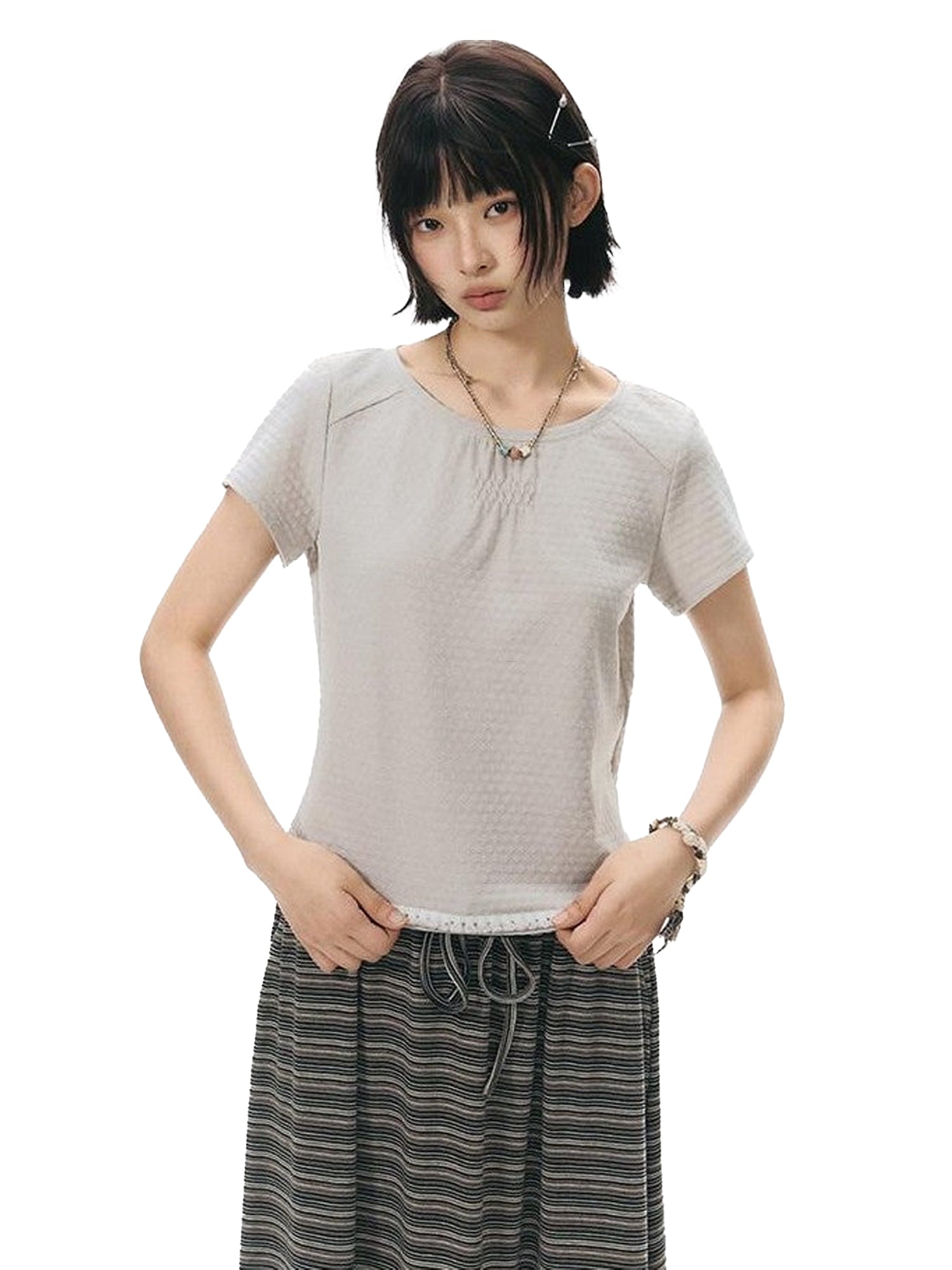 NAPSNAPS Oatmeal Pleated Lace Neckline Women&