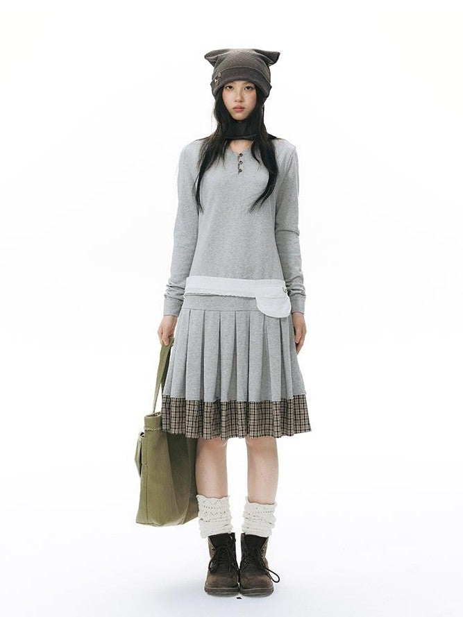 NAPSNAPS Patchwork Faux Two Piece Henley Knit Pleated Women&