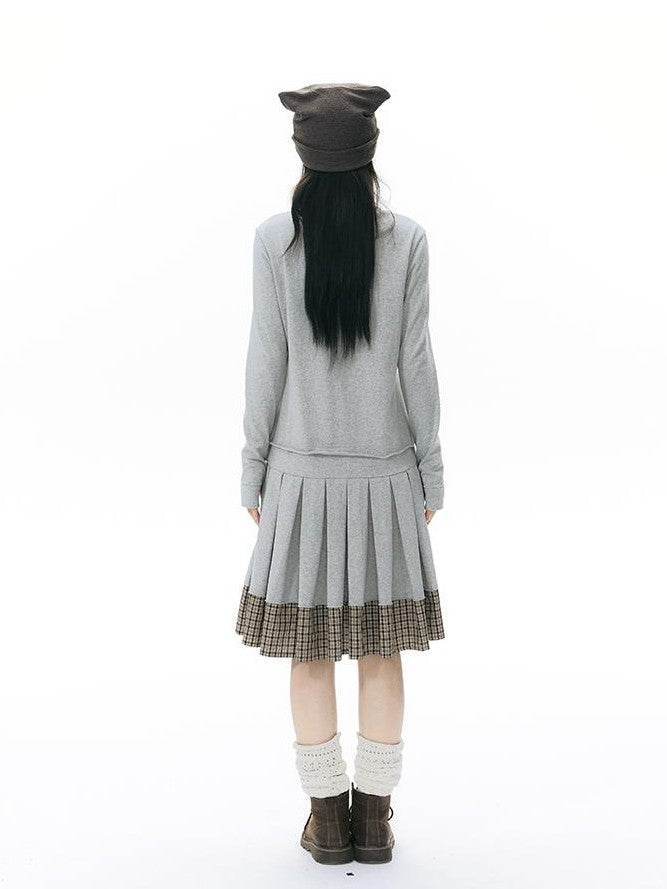 NAPSNAPS Patchwork Faux Two Piece Henley Knit Pleated Women&