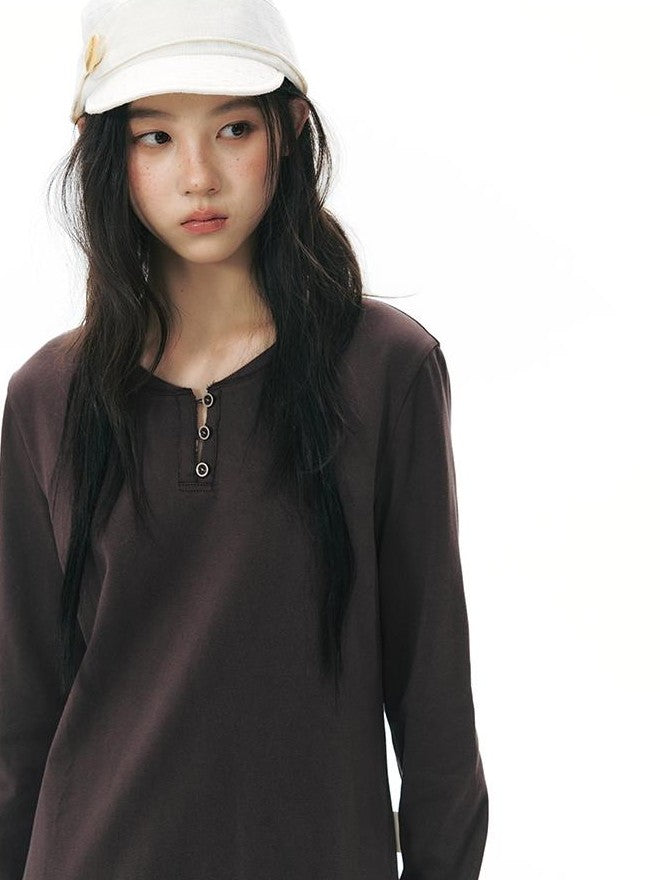 NAPSNAPS Patchwork Faux Two Piece Henley Knit Pleated Women&