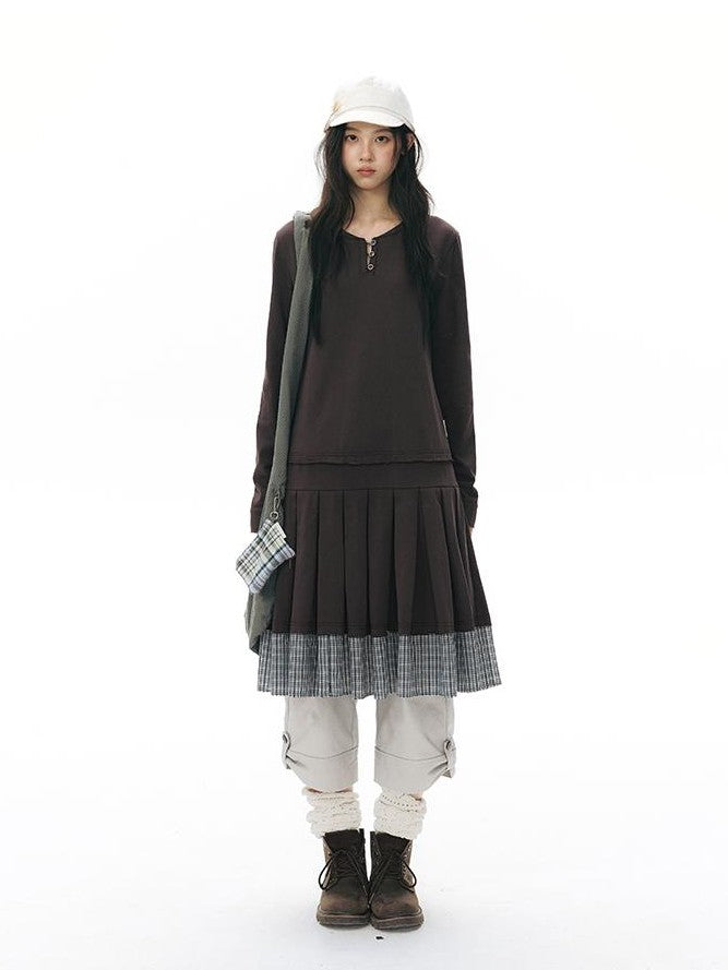 NAPSNAPS Patchwork Faux Two Piece Henley Knit Pleated Women&