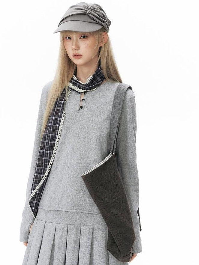 NAPSNAPS Patchwork Faux Two Piece Henley Knit Pleated Women&