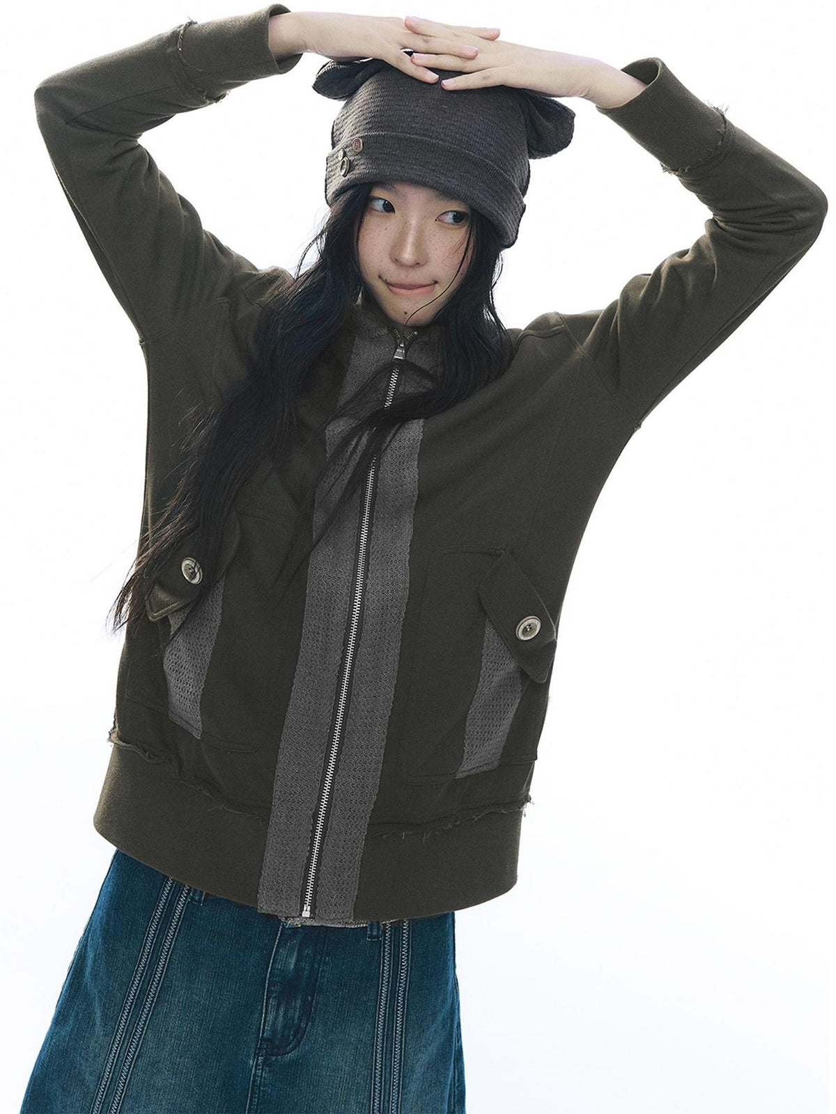 NAPSNAPS Patchwork Knit Hooded Drop Shoulder Women&