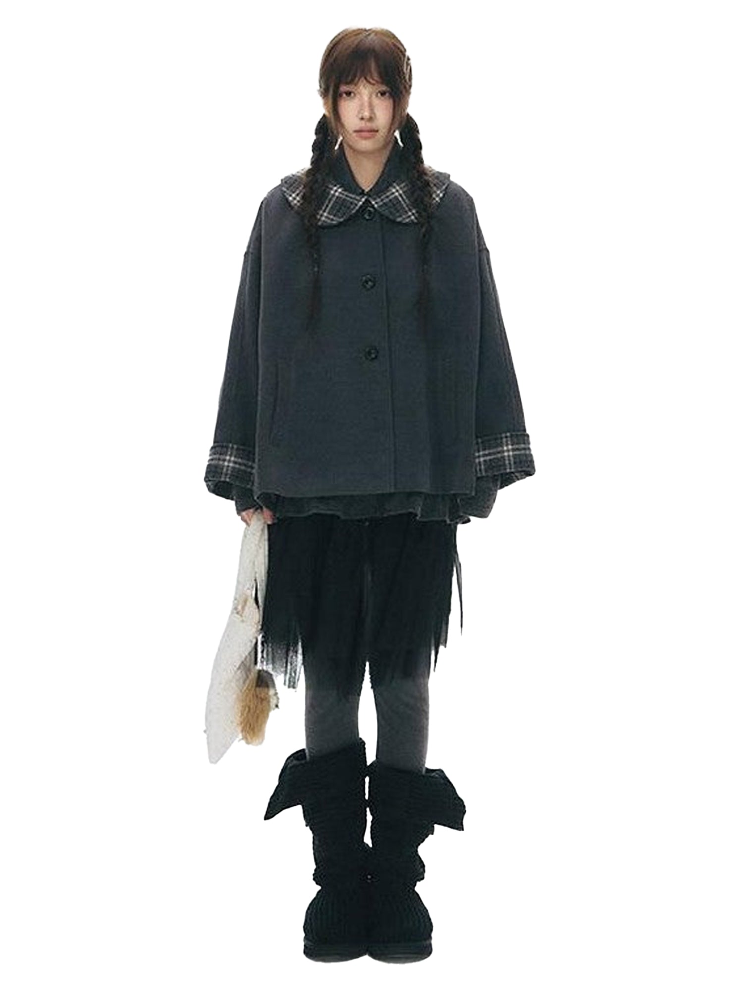 NAPSNAPS Patchwork Plaid Cape Doll Collar Bell Sleeve Women&