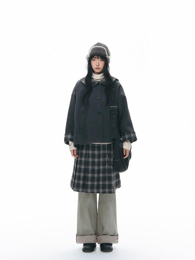 NAPSNAPS Patchwork Plaid Cape Doll Collar Bell Sleeve Women&