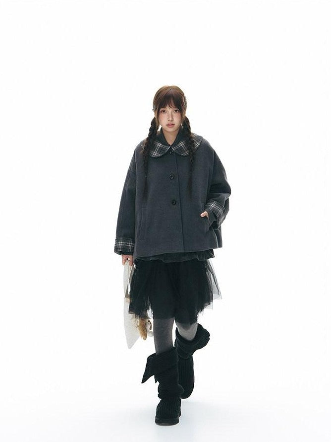 NAPSNAPS Patchwork Plaid Cape Doll Collar Bell Sleeve Women&