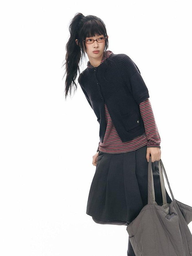 NAPSNAPS Patchwork Pockets Raglan Elbow Sleeve Round Neck Women&