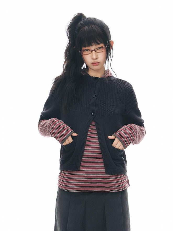 NAPSNAPS Patchwork Pockets Raglan Elbow Sleeve Round Neck Women&