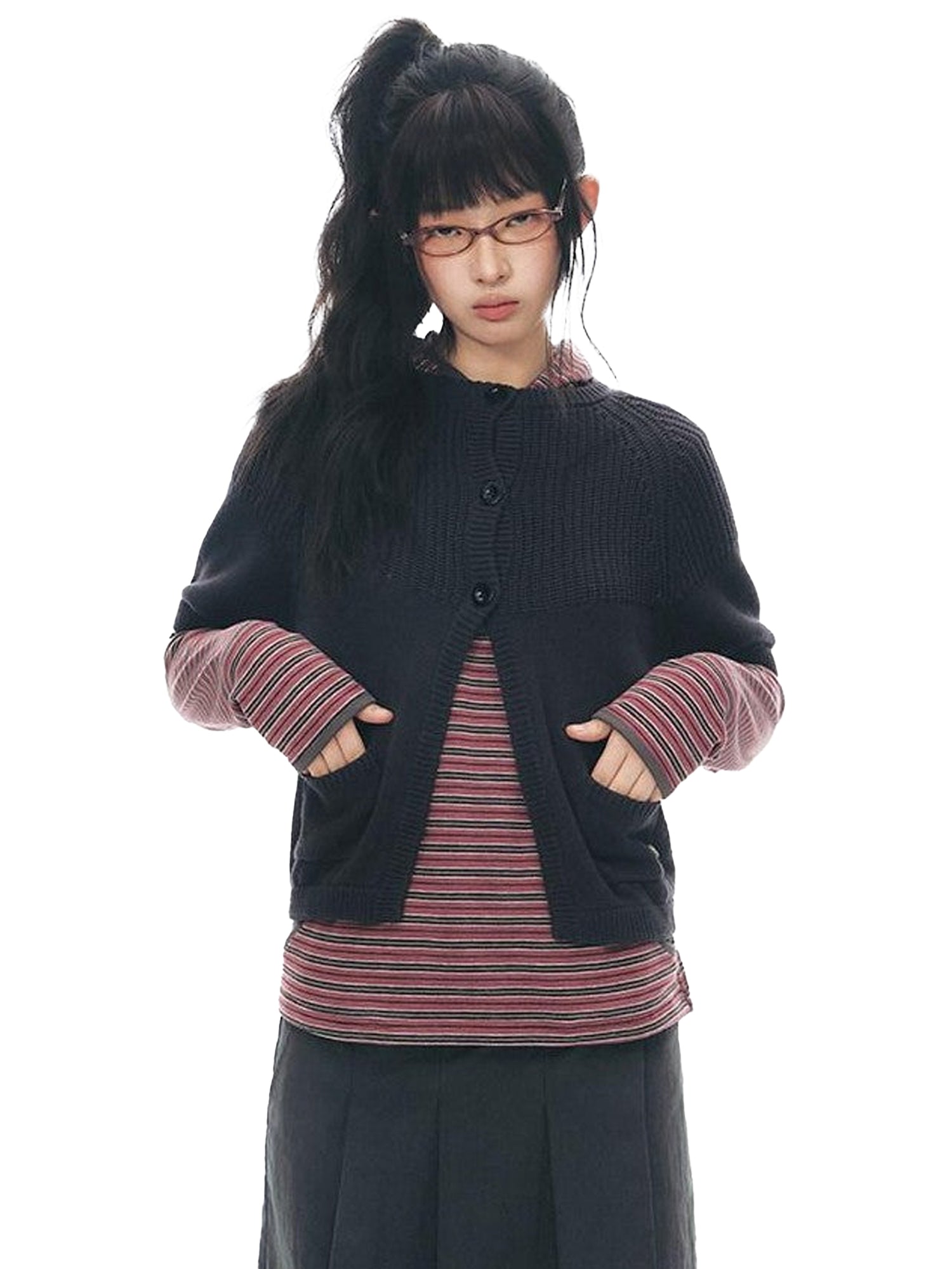 NAPSNAPS Patchwork Pockets Raglan Elbow Sleeve Round Neck Women&