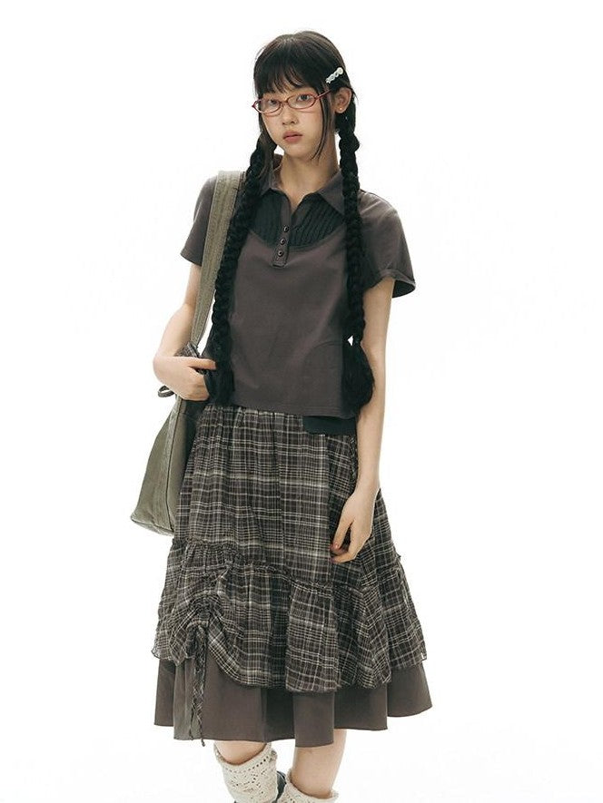 NAPSNAPS Patchwork Polo Collar Faux Two Piece Women&