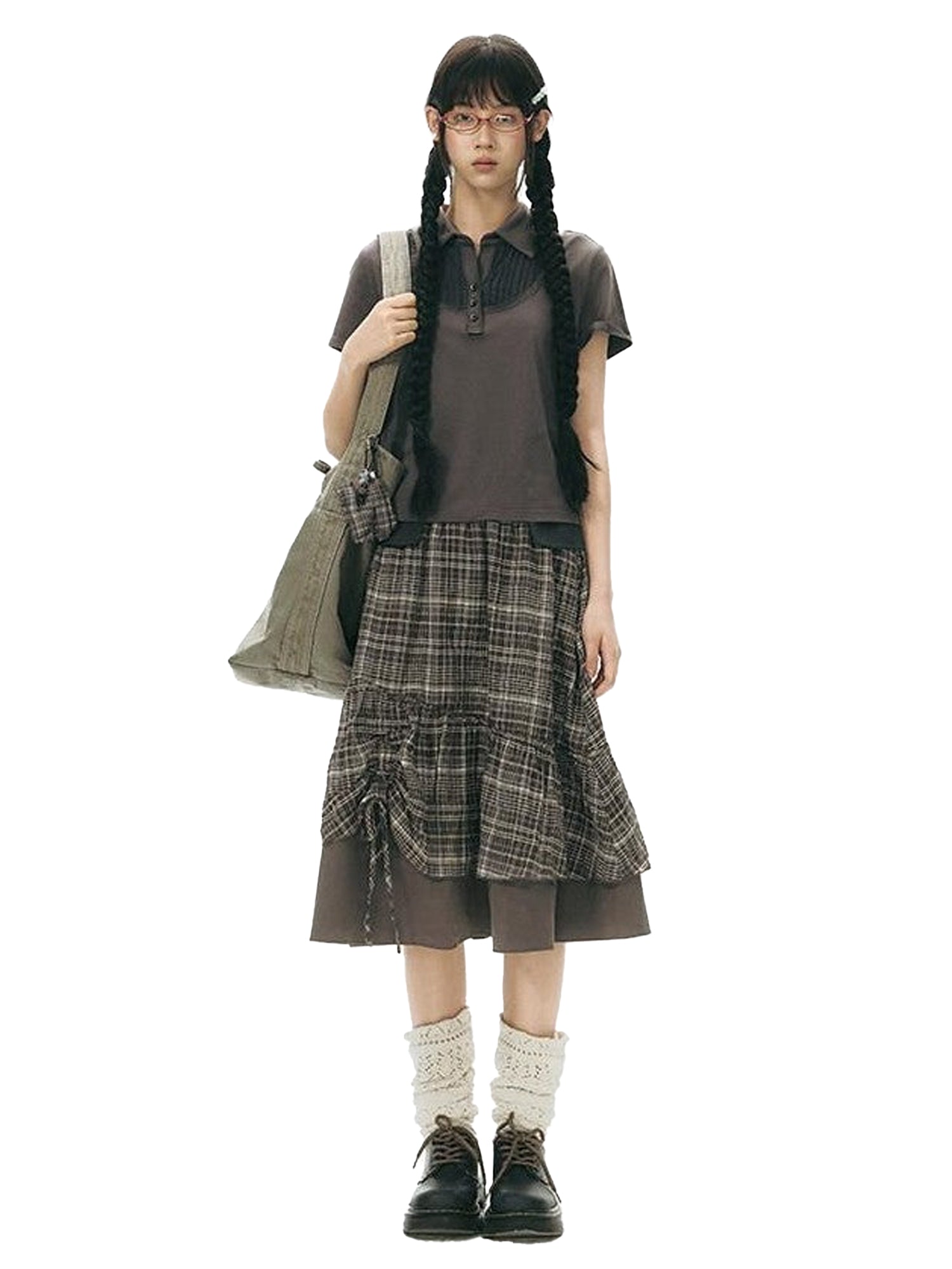 NAPSNAPS Patchwork Polo Collar Faux Two Piece Women&