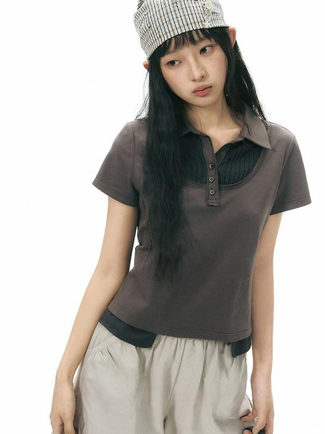 NAPSNAPS Patchwork Polo Collar Faux Two Piece Women&