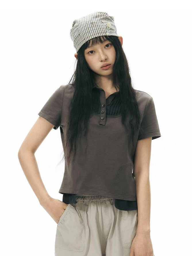NAPSNAPS Patchwork Polo Collar Faux Two Piece Women&