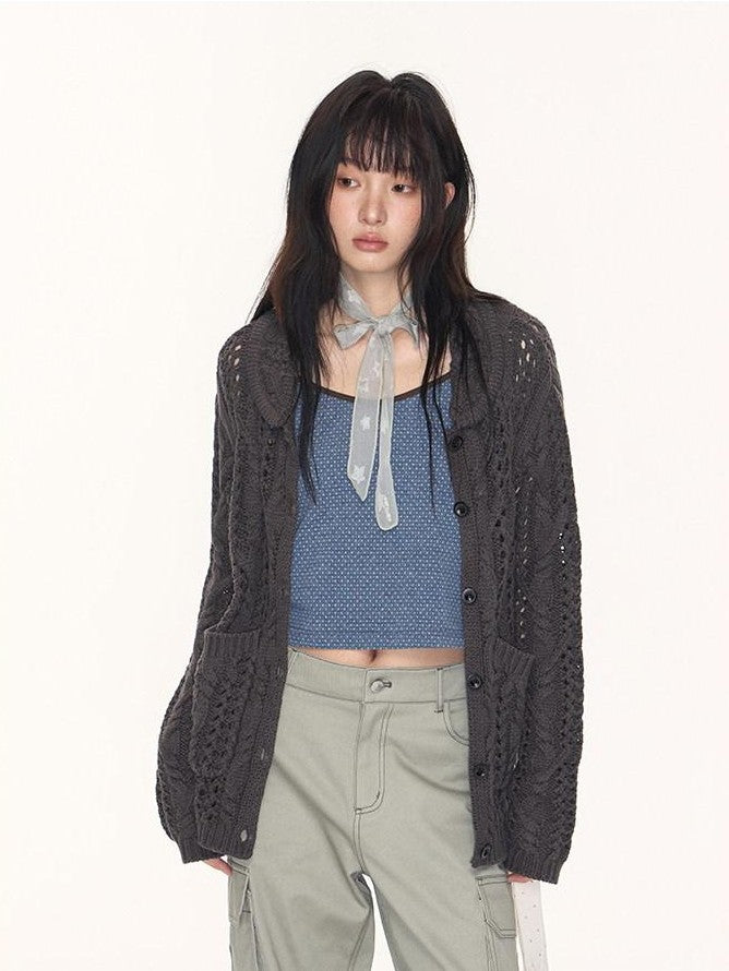 NAPSNAPS Petal Collar Openwork Jacquard Chunky Knit Women&