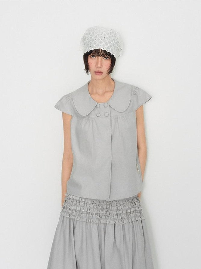NAPSNAPS Peter Pan Collar Double Row Button Ruffle Edge Women&