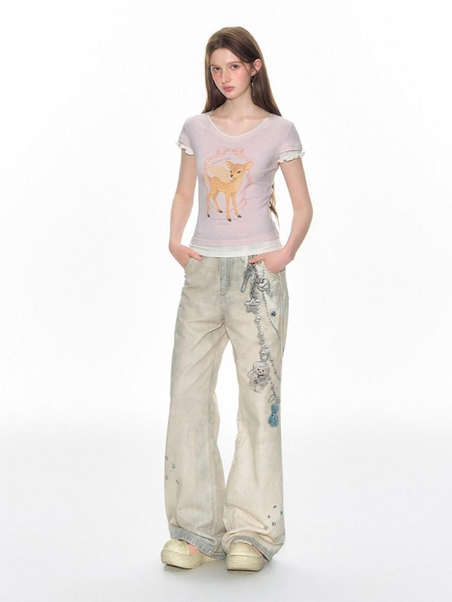 NAPSNAPS Pink Layered Look Deer Print Slim Women&